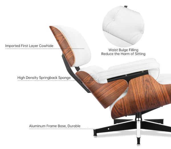 Classic Charles Eames Lounge Chair And Ottoman Replica White Leather Rose Wood