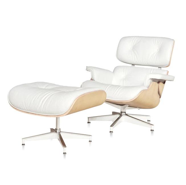 Classic Charles Eames  Lounge Chair And Ottoman Replica White Leather & Ashwood - DECOMICA