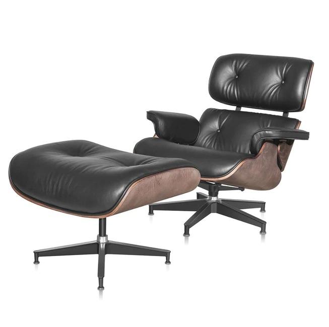 Classic Charles Eames  Lounge Chair And Ottoman Replica Black Leather Wallnut Wood - DECOMICA